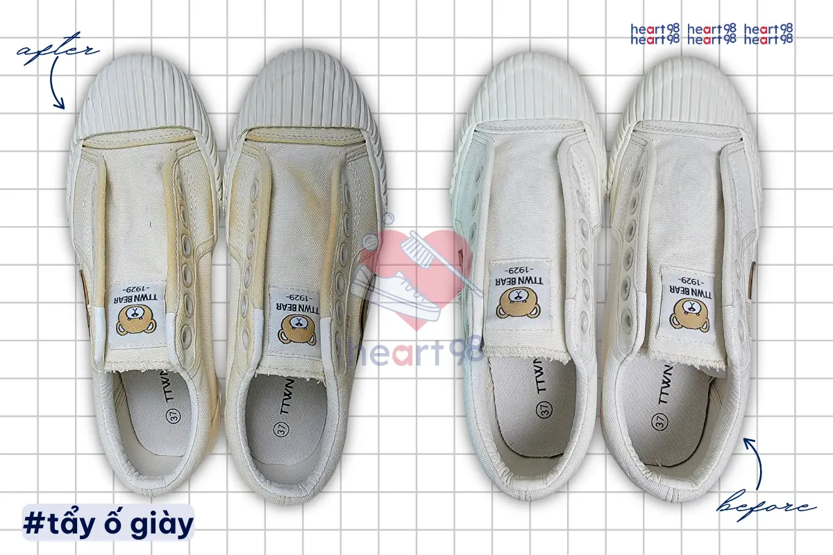 Giày trắng trước và sau khi được heart98 xử lý tẩy ố. Mức độ cải thiện thực tế phụ thuộc vào chất liệu, nguyên nhân gây ố, tình trạng bề mặt và thời gian vết ố đã tồn tại.