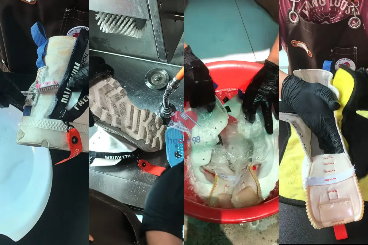 Một số công đoạn trong quy trình vệ sinh giày trắng, từ làm sạch phần thân và đế đến xả dung dịch, thấm bớt nước trước khi hong khô.
