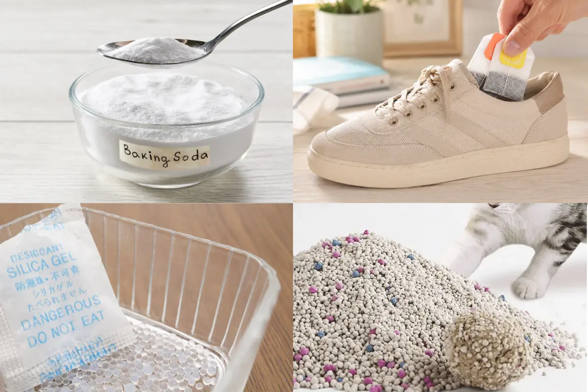 Baking soda, túi trà khô, túi hút ẩm hoặc cát vệ sinh mèo có thể hỗ trợ kiểm soát độ ẩm bên trong giày.