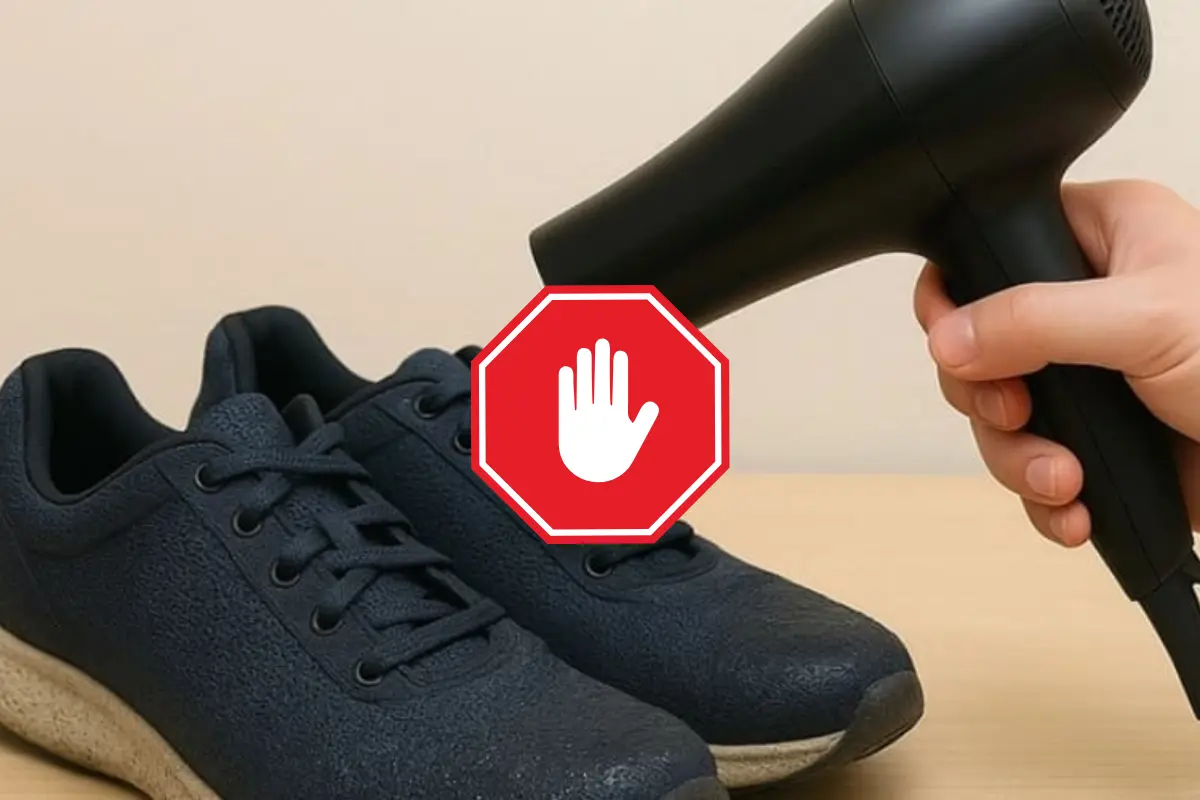 Nhiệt trực tiếp từ máy sấy tóc có thể ảnh hưởng đến keo dán và form giày.